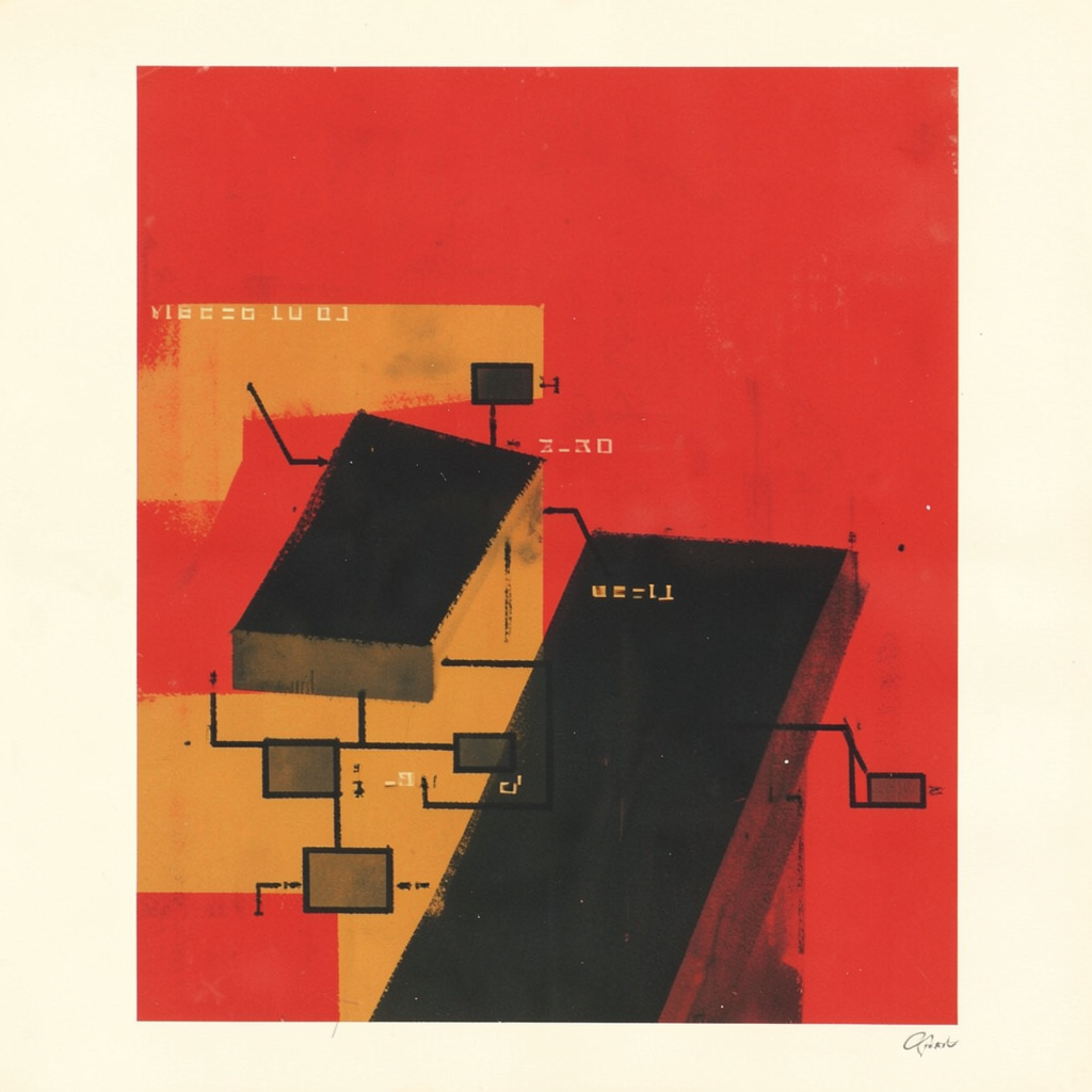 A matte gouache poster painting of a warm amber and deep charcoal abstract composition with angular geometric shapes suggesting code blocks and data flow, set against a cream background