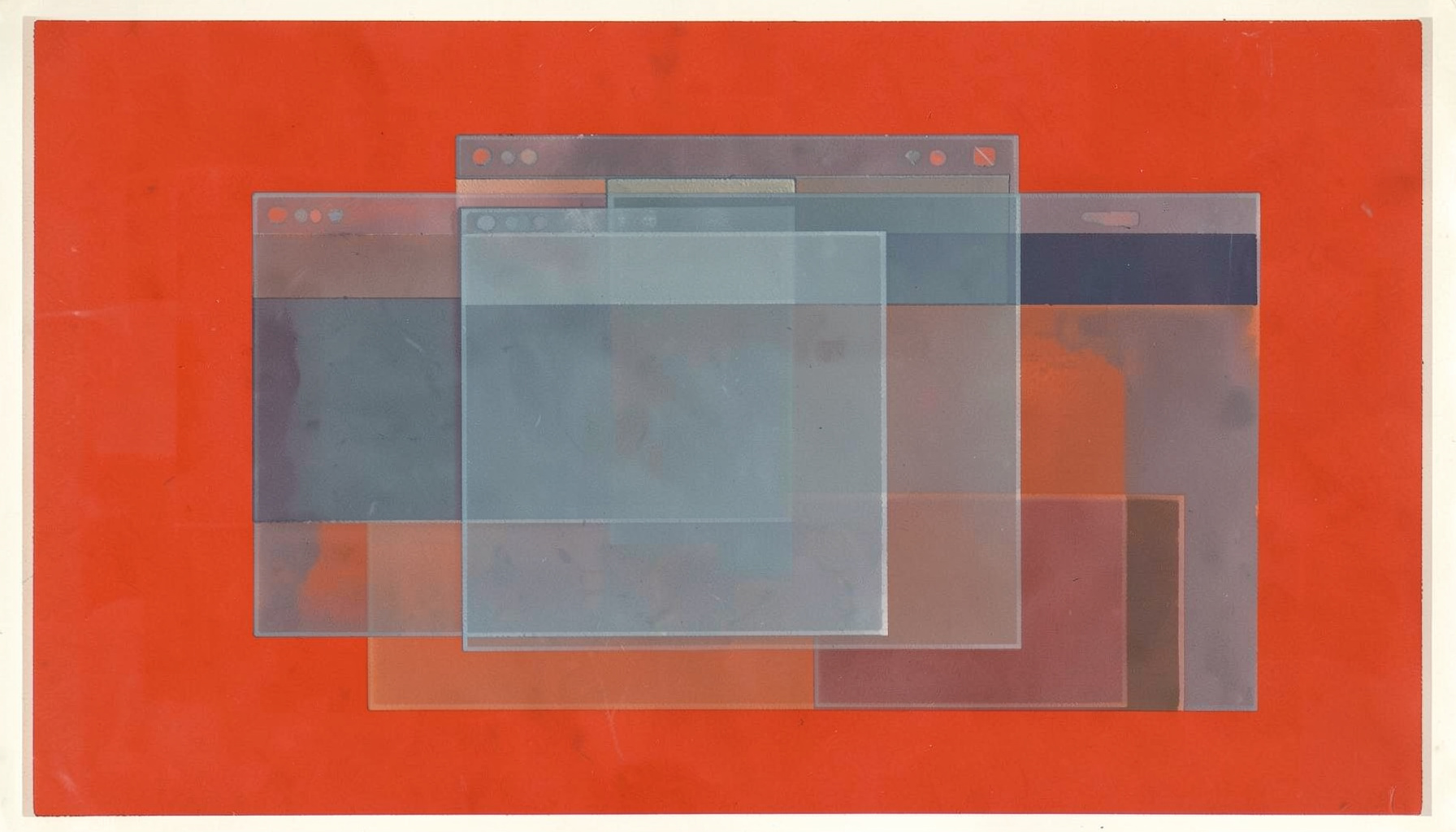 A matte gouache poster painting in muted slate blue and warm rust tones, depicting layered translucent rectangles suggesting browser windows and web scraping