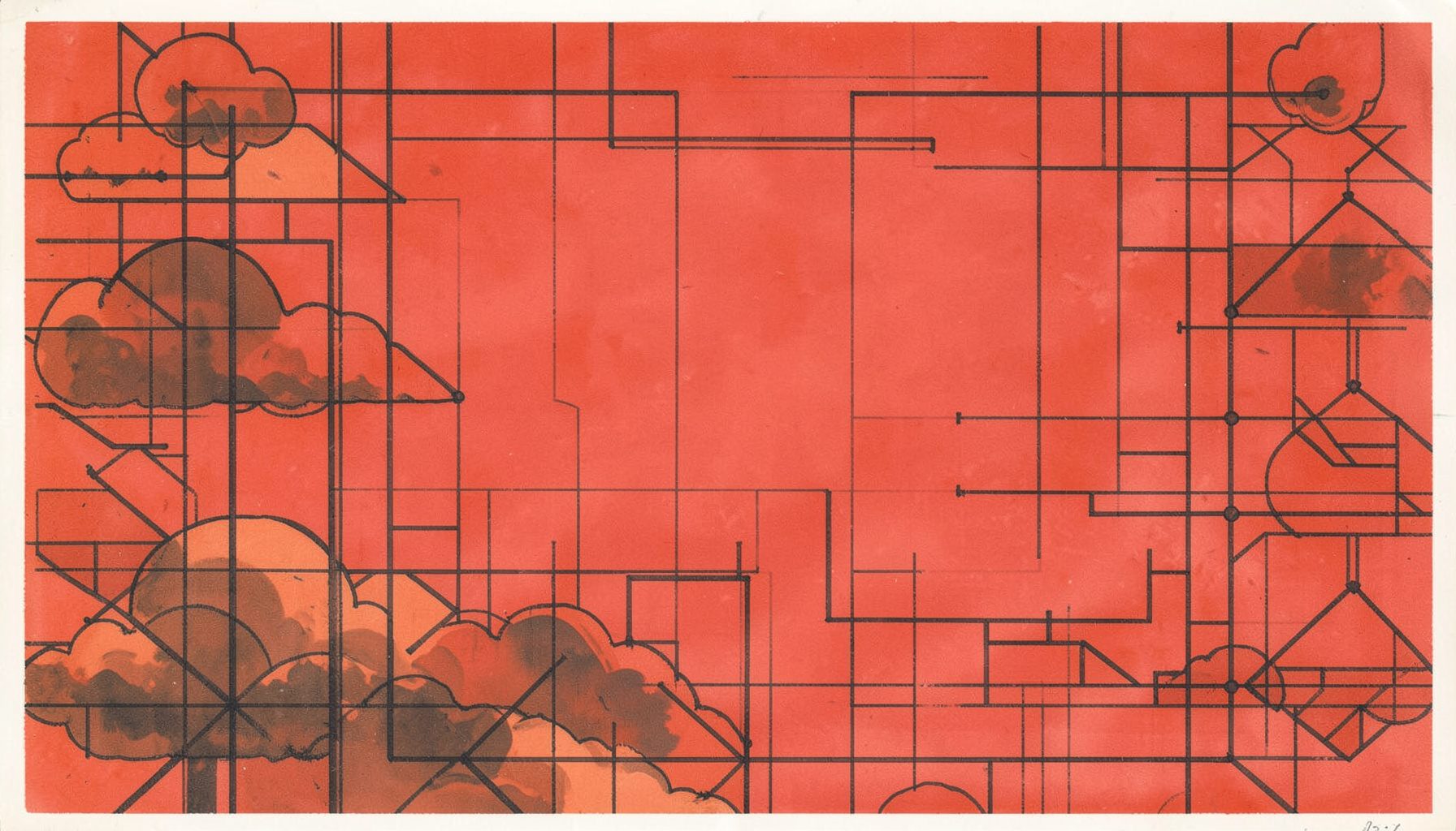 A matte gouache poster painting in warm terracotta and charcoal, with geometric grid patterns evoking cloud infrastructure and batch processing pipelines
