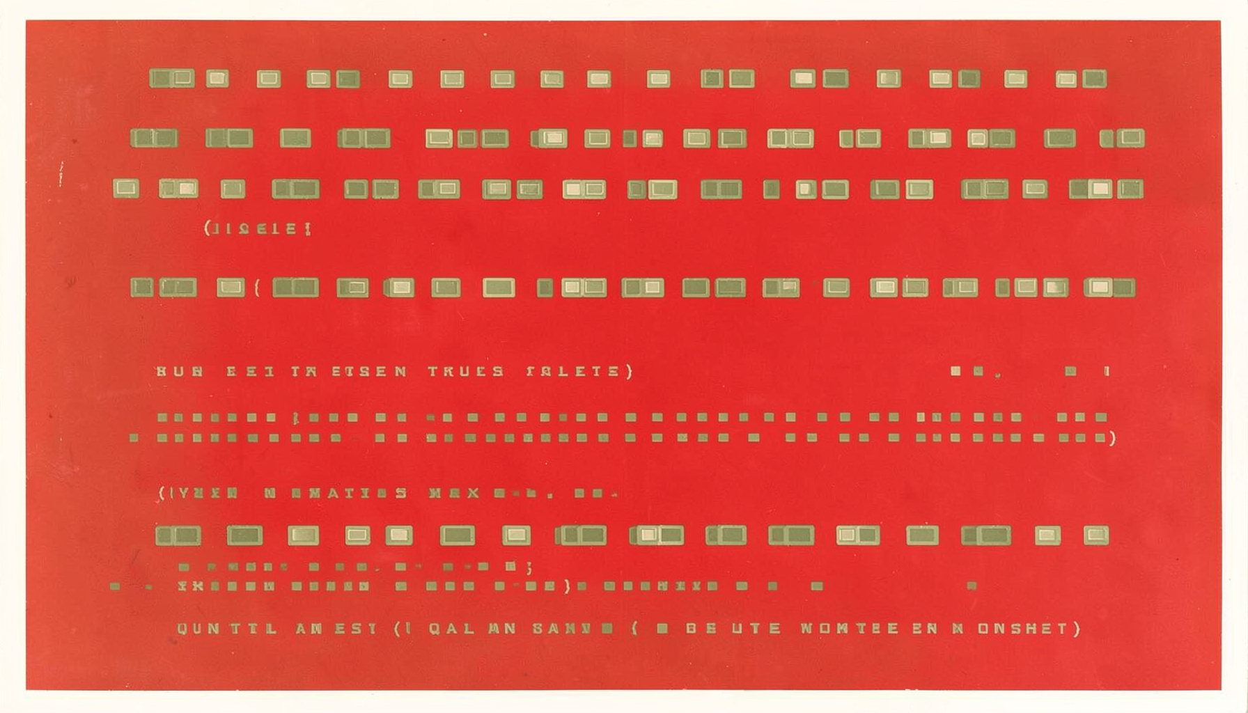A matte gouache poster painting in muted olive green and off-white, with orderly rows of small rectangular forms suggesting unit tests and code quality